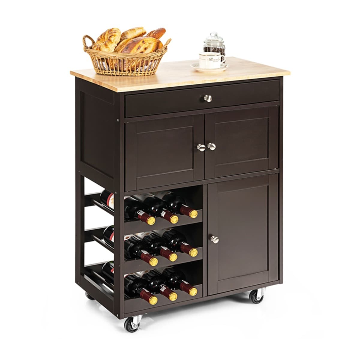 CostwayDesserte de Cuisine Roulante Chariot de Service avec 1 Tiroir 2 Armoires 1 Casier à Vin en Bois 67x37x86,5cm Brun